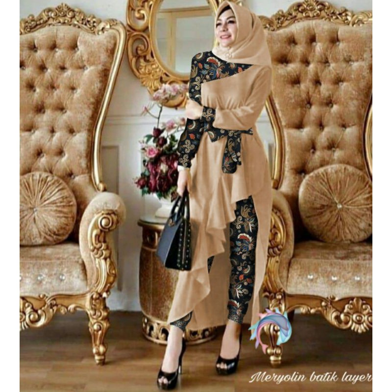 ELONAFASHION /Set meryolin batik/SETELAN HARIAN WANITA BATIK KOMBINASI POLOS