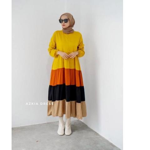 BISA COD AZKIA DRESS GAMIS RAINBOW PELANGI KOMBINASI WARNA WARNI PASTEL KATUN RAYON RUFFLE REMPEL BA