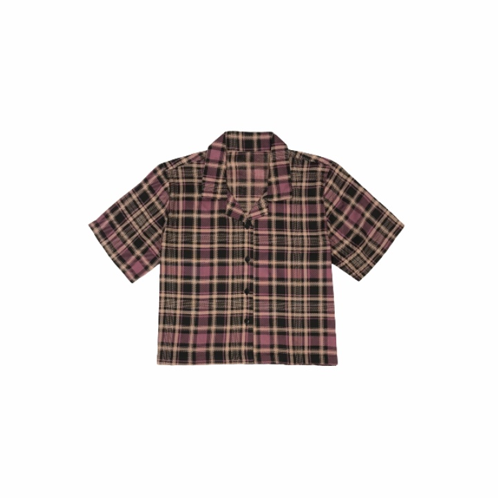 KEMEJA WANITA CROP TOP KOTAK KOTAK KOREAN CASUAL KATUN RAYON CROP SHIRT ORGANIK-CROPTOP Kotak Ungu