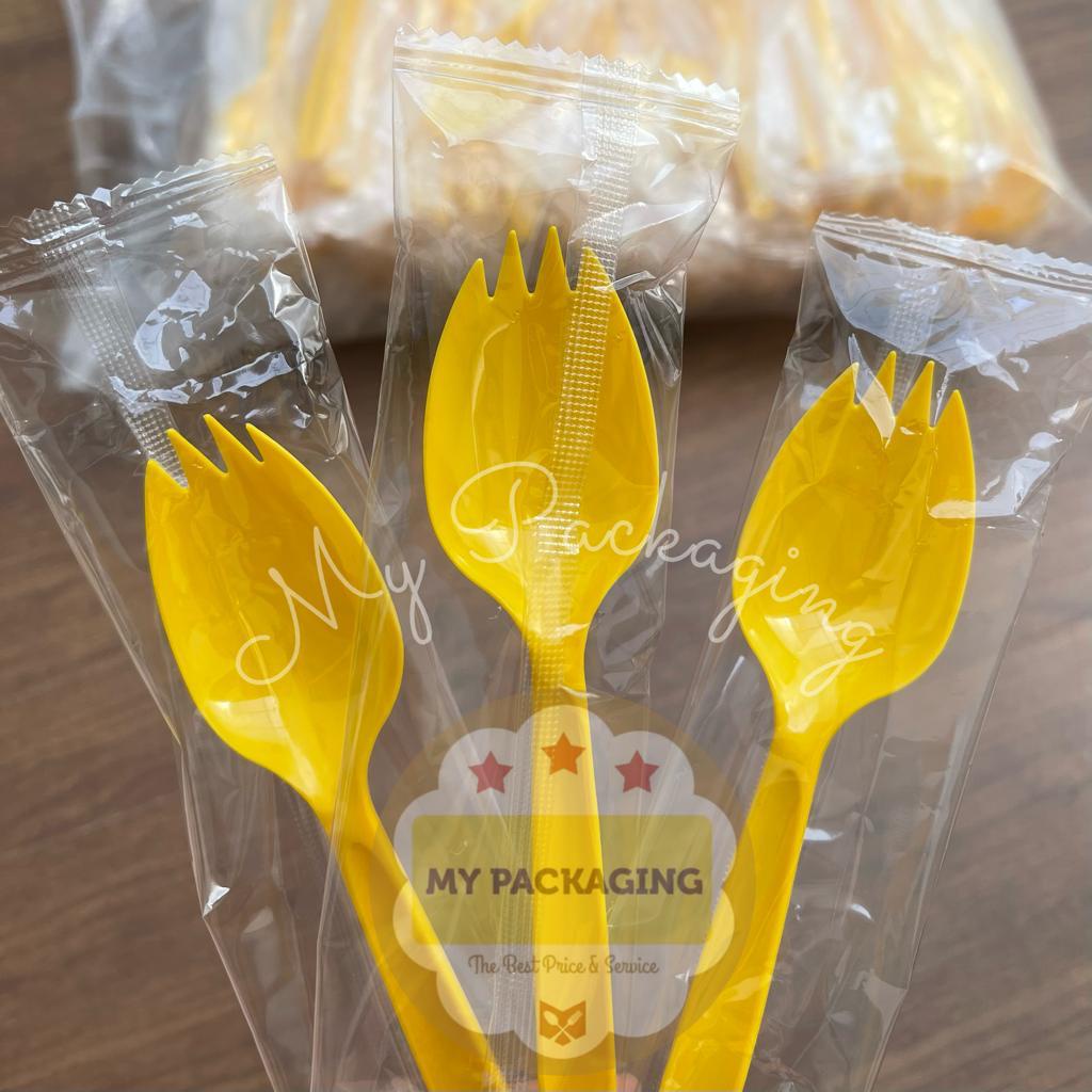 Sendok Plastik PREMIUM Ujung Garpu 100pcs - SPOON FORK SPORK WRAPPING Sudah Dibungkus PLASTIK satuan - Bagus Kuat Halus tidak kasar