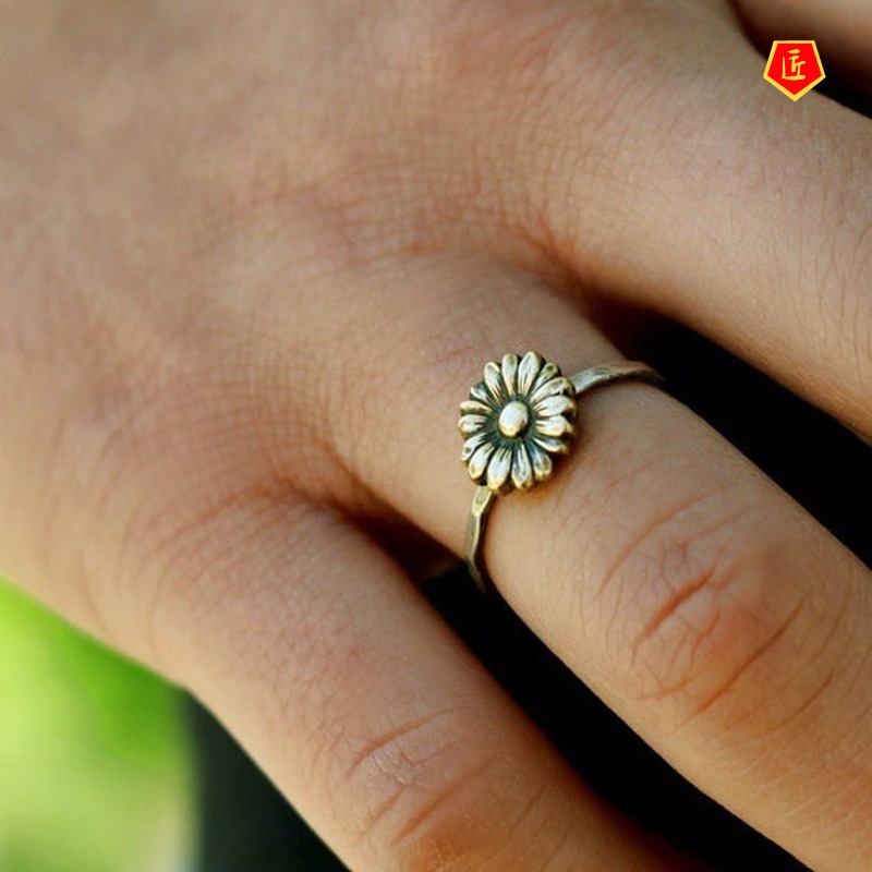 [Ready Stock]Retro Sunflower Silver Ring 18K Gold Simple Sweet