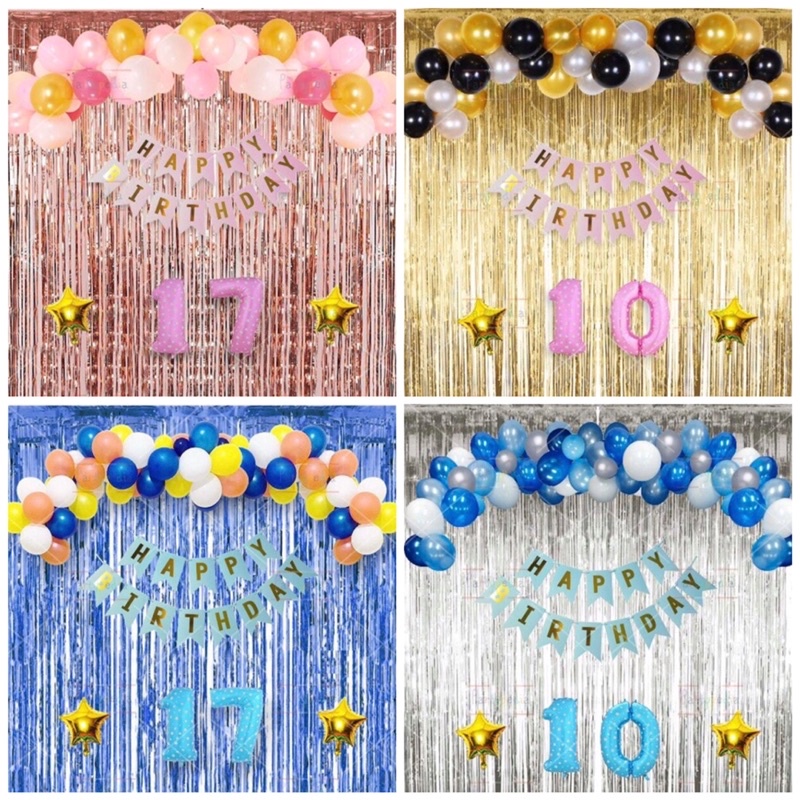Paket Dekorasi Ulang Tahun Happy Birthday Background backdrop tirai balon bunting flag
