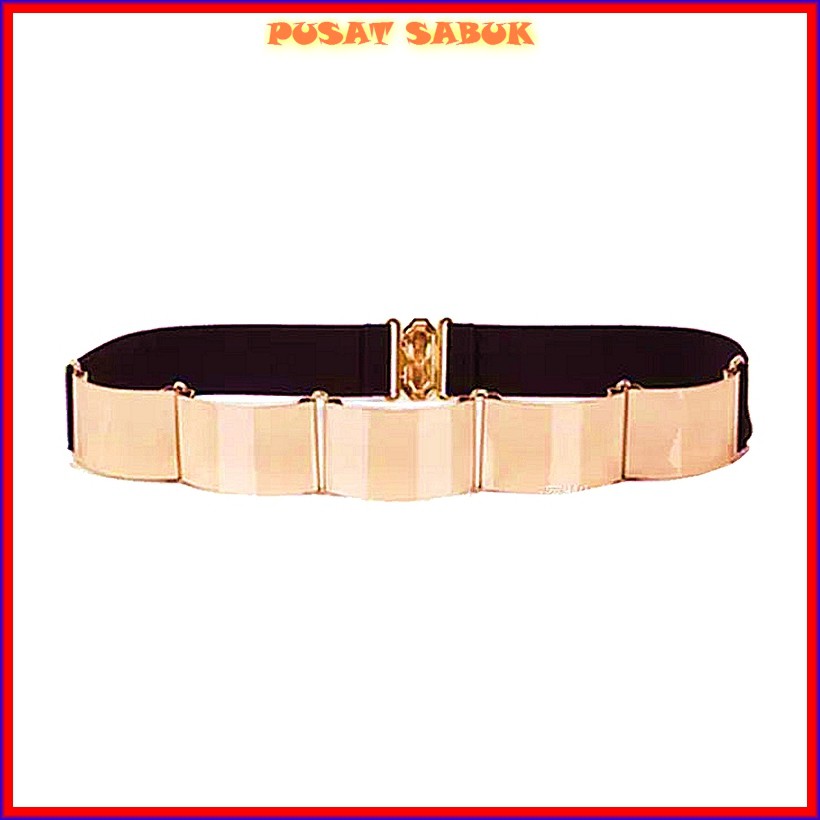 Gesper Plat GOLD Sabuk Karet Obi Ikat Pinggang Elastis Wanita Fashion Import Emas Women Belt 3 Hitam