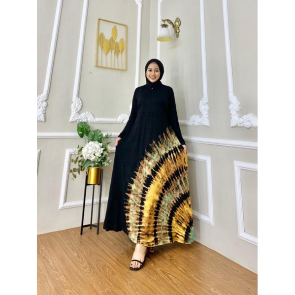 Gamis Kaos Jumbo Black Tiedye CASANOVA Bumil Busui Resleting Depan Lengan Panjang Homedress Wanita Kekinian Terbaru