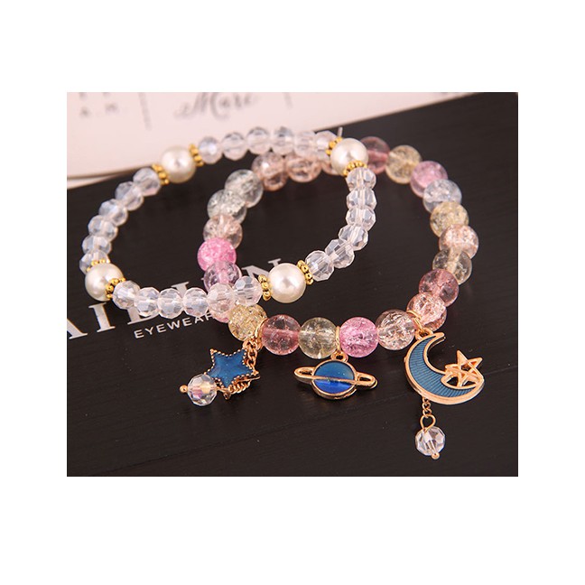 LRC Gelang Tangan Fashion Gold Popcorn Crystal Glass Beads Double Bracelet A58733