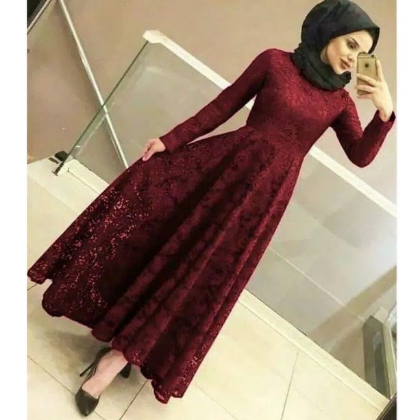 YUNI MAXI DRESS BRUKAT SIMPLE READY 3 UKURAN M L XL-MAROON