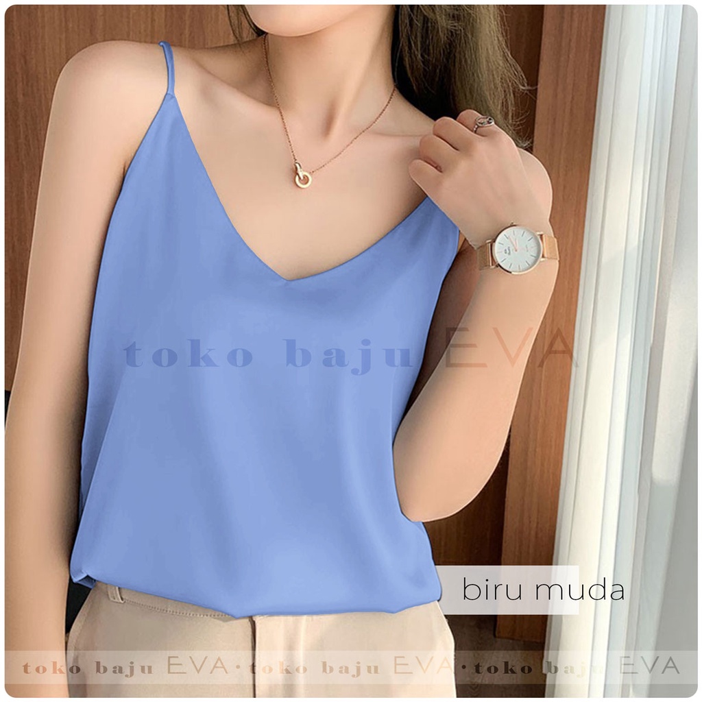 Tank Top Polos Wanita Bahan Mosscrepe Premium-Biru Muda