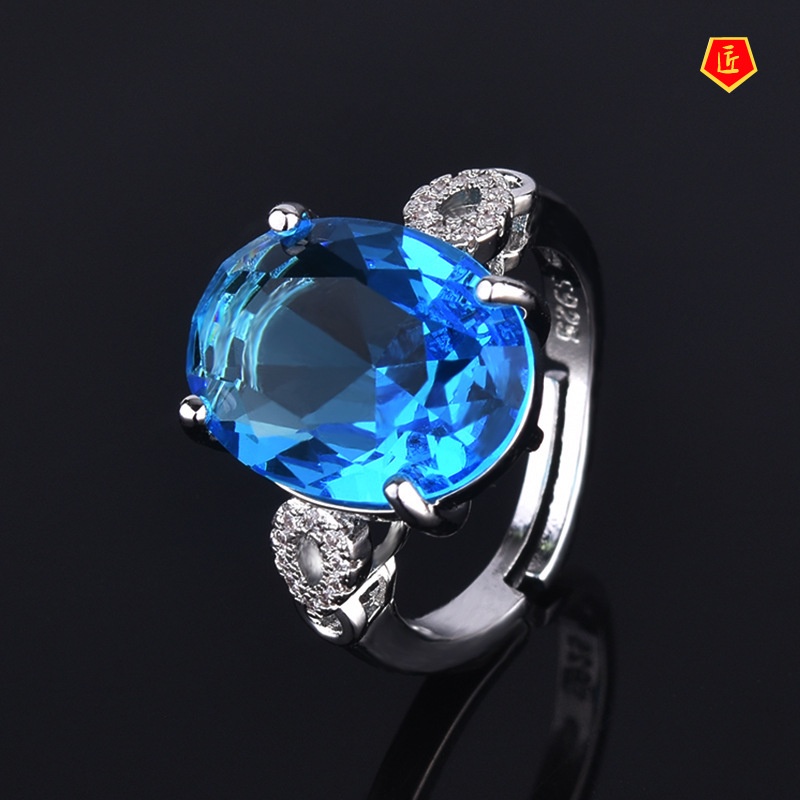 [Ready Stock]Inlaid Blue Topaz Ring Classic Temperament