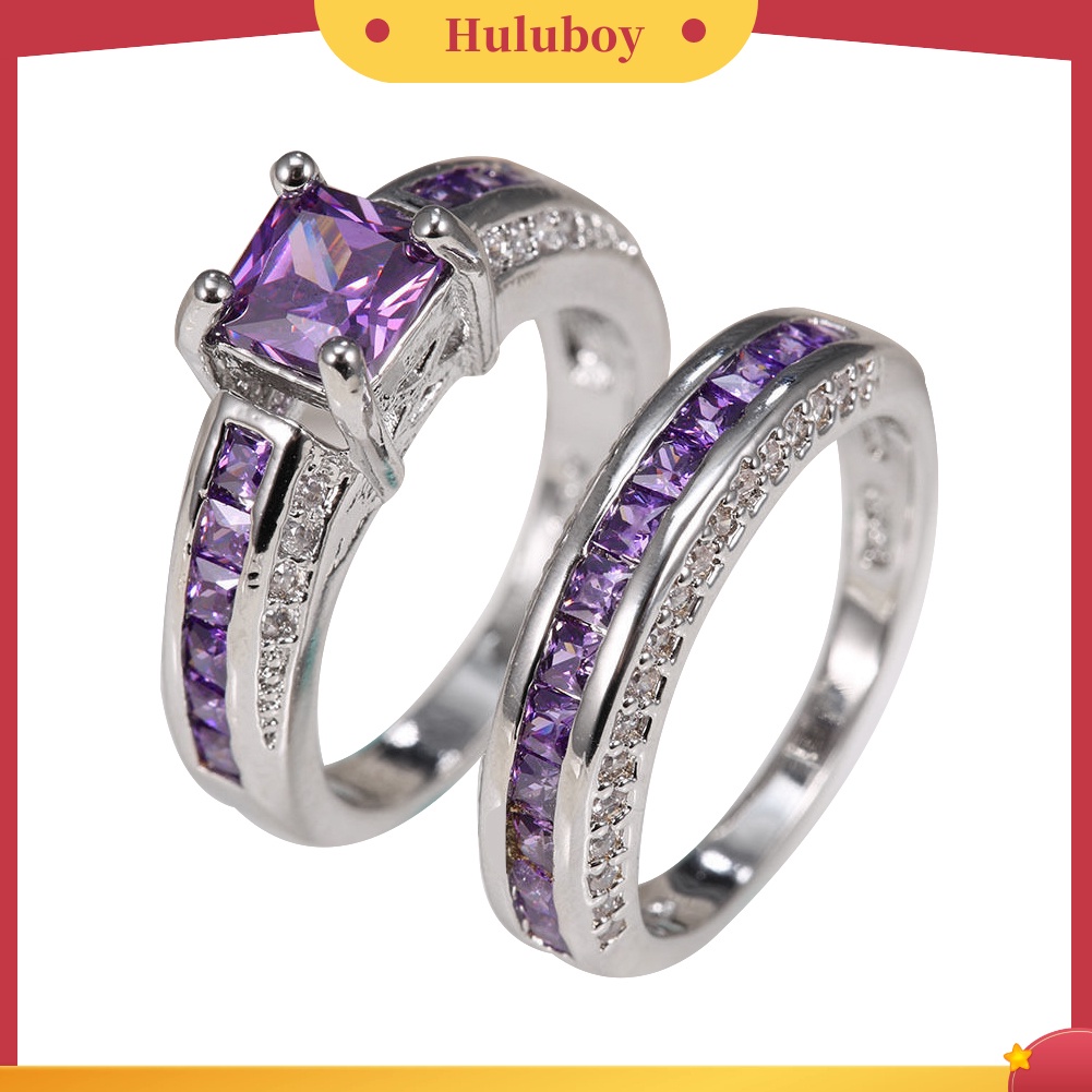 Hu Hu Hu Hu Hu Alat Bantu Pasang Kacamata♡ 2pcs Cincin Pernikahan Hias Amethystberlian Imitasi Bentuk Persegi Gaya Putri Untuk Wanita