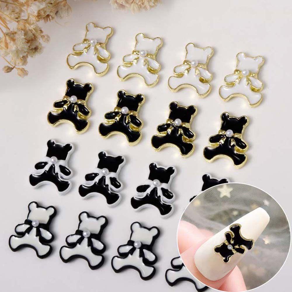 Mxbeauty Bears Nail Art Dekorasi Fashion Bor Kuku Hitam Putih Alloy 3D Perhiasan Kuku