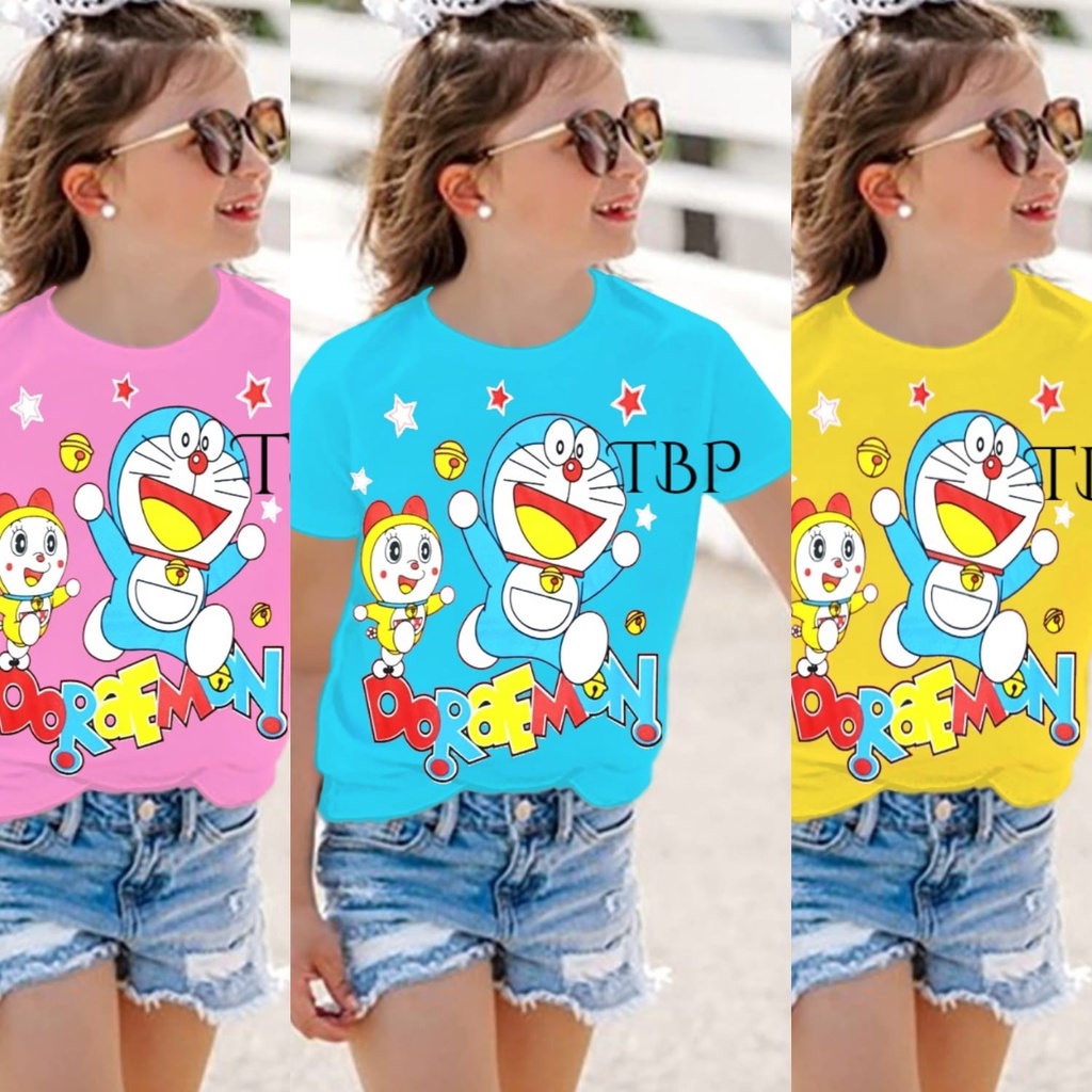 Baju Kaos Atasan Anak Perempuan Doraemon Usia 1-8 Tahun/Pakaian Anak Perempuan Motif DORAEMON