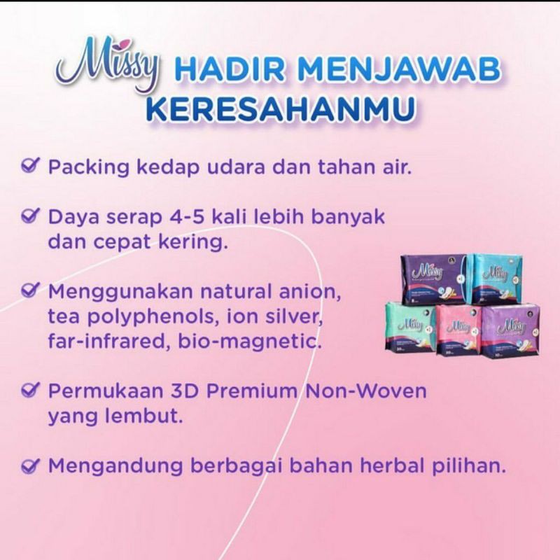 Missy Pembalut Kesehatan Wanita Anti Bakteri Anti Jamur Mencegah Keputihan / Pantyliner Super Thin