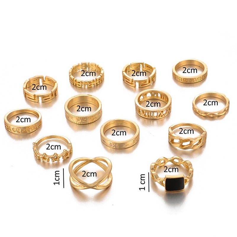 13pcs / Set Cincin Desain Bintang Warna Hitam Emas Gaya Punk Untuk Wanita