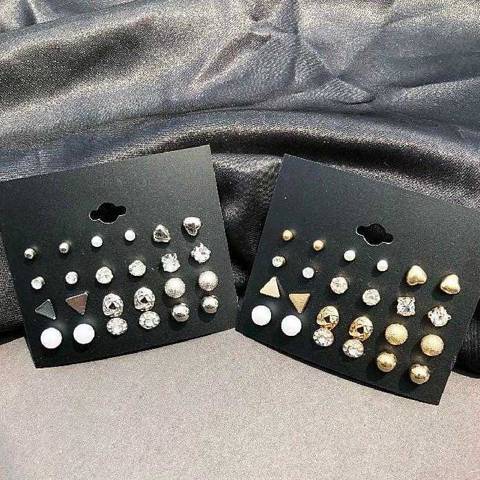 Set 12 Pasang Anting Tusuk Bentuk Segitiga + Mutiara + Kristal untuk Wanita