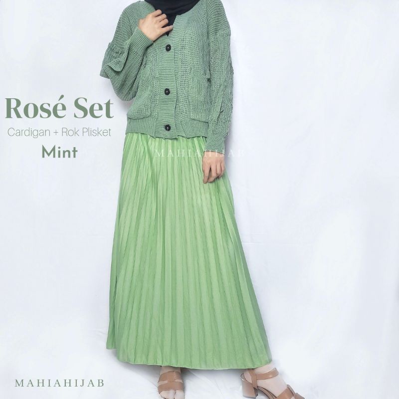 1Set Rosè Cardigan + Rok by Mahiahijab knitwear saku depan korean style rajut