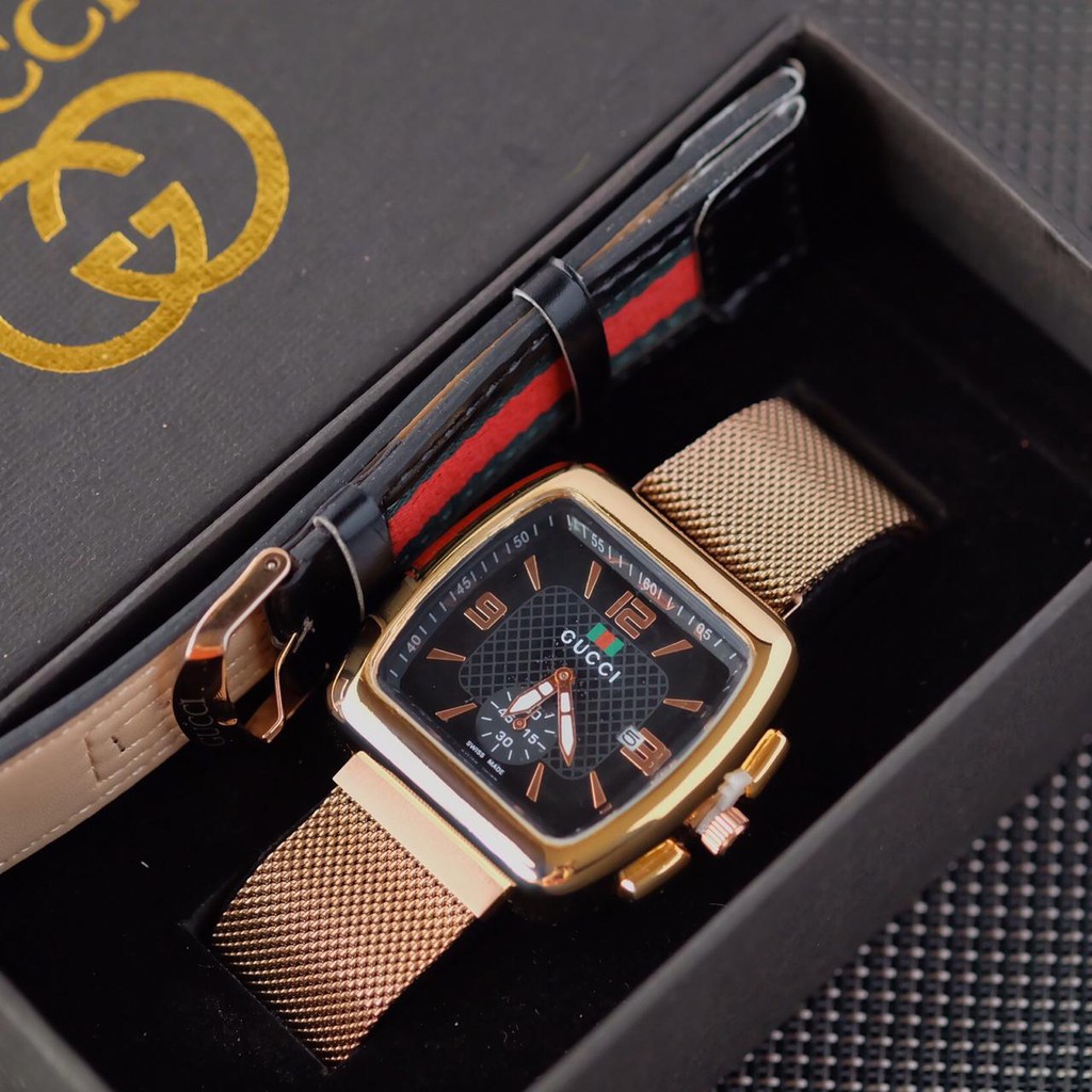 Jam Tangan Pria Wanita Analog Analog Fashion Gucci Super Tanggal Chrono Tali Rantai