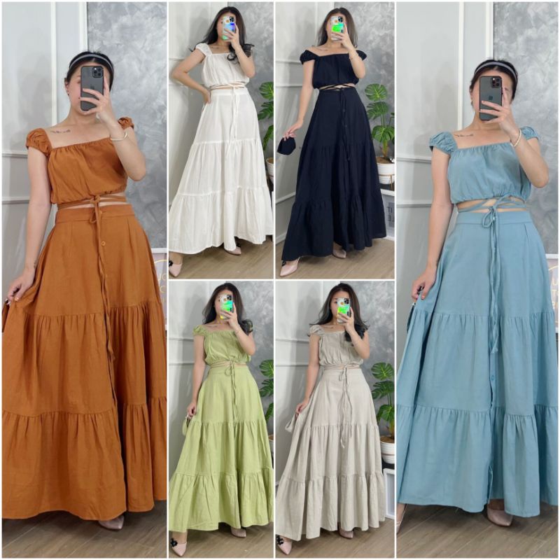 ❣ SPECIAL PRICE ♡ PREMIUM ♡ ORIGINAL ! LALISA VINTAGE 2 IN 1 SET CROP TIED KNOT TANK BLOUSE OUTER WITH LONG LAYER TRAP BUTTON MAXI SKIRT / SETELAN ATASAN &amp; ROK PANJANG SUSUN KANCING