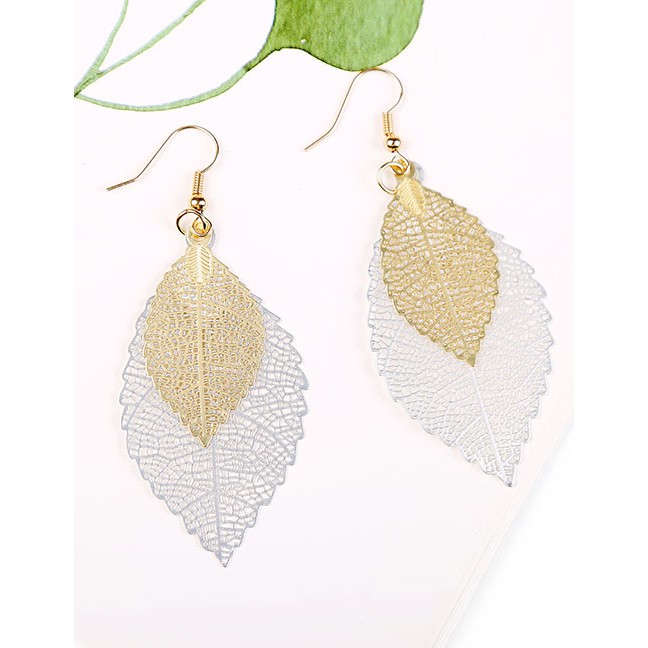 LRC Anting Gantung Fashion Double-layer Hollow Leaf Alloy Earrings D96529