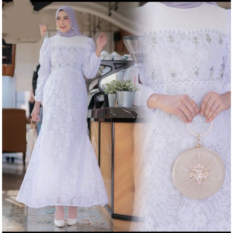 Gamis gapes brokat mutiara payet mix lace lapis furing s m l pinggang belakang duyung