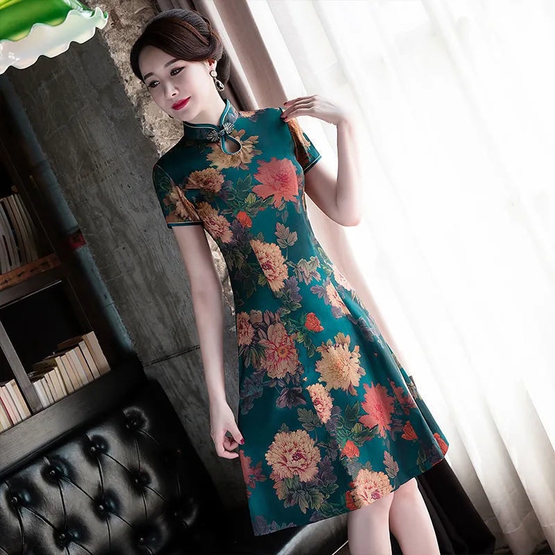 Modified cheongsam knee length skirt small dress summer large waist closing Dress Medium Long mom dr