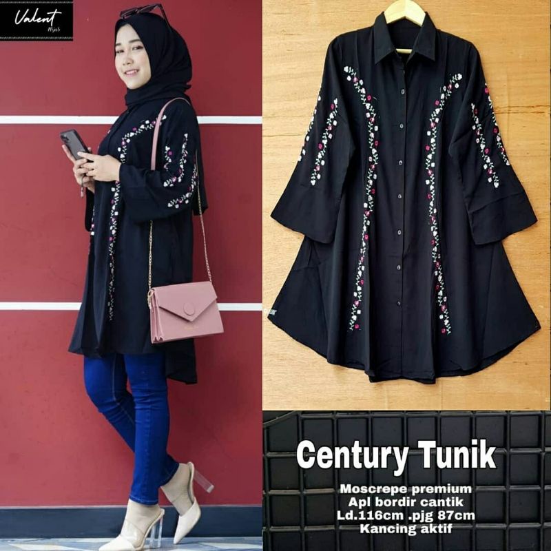 Century Tunik black warna putih hitam tunic cewek bahan Moscrepe premium mix bordir jumbo size XXL m