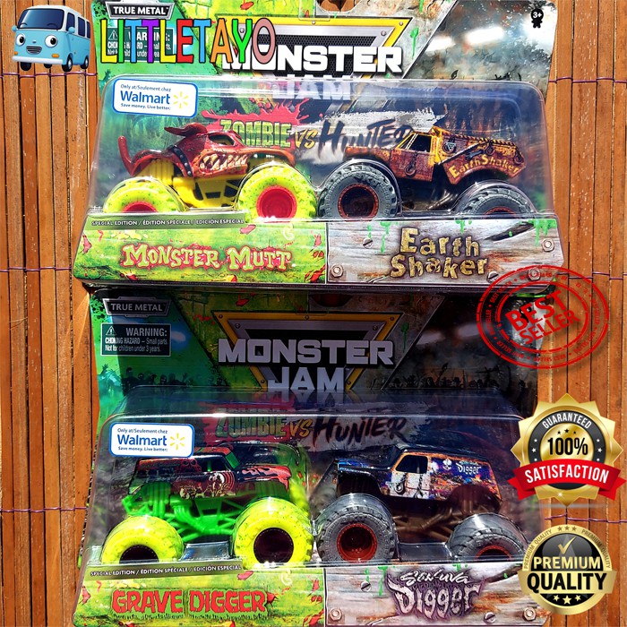 HOTWHEELS MONSTER JAM TRUCK SPIN MASTER ZOMBIE vs HUNTER MUTT & EARTH SHAKER GRAVE & SON-UVA DIGGER