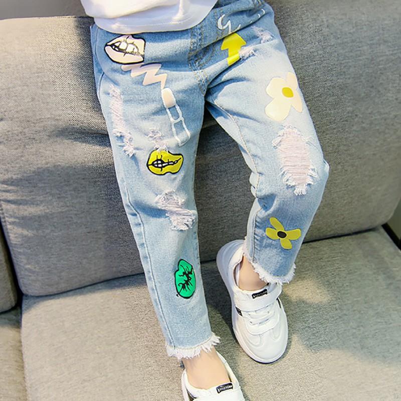  Celana  Jeans  Anak  Perempuan  Desain Cetakan Kartun Robek 