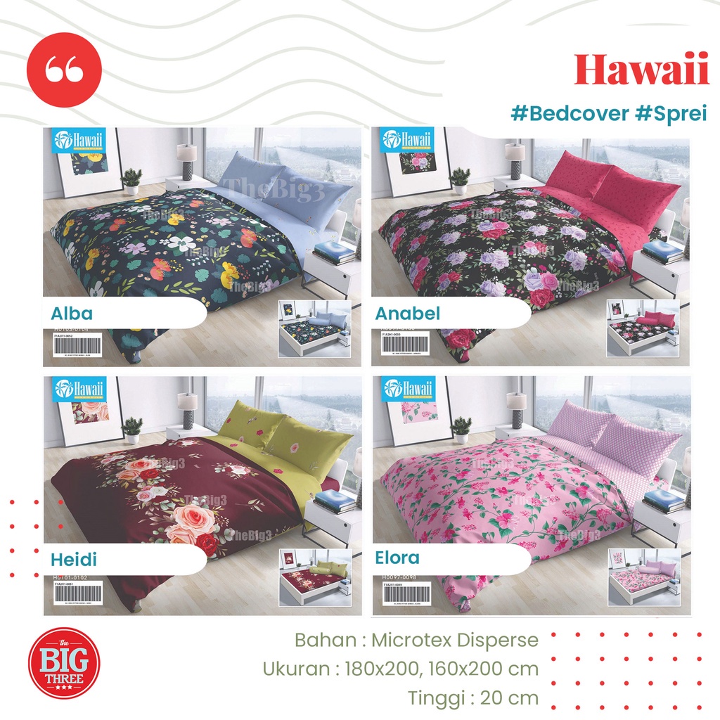 Bedcover + Sprei HAWAI 180x200 / 160x200 motif Annabel Bella Domelo Delarosa Violetta Delina Alder Mory Kelby Kaluna Adenia Merryn Palma Sea Olivia Vania  - King 180 160 BC Hawaii Kasur No 1 Atau Kasur No 2 Surabaya