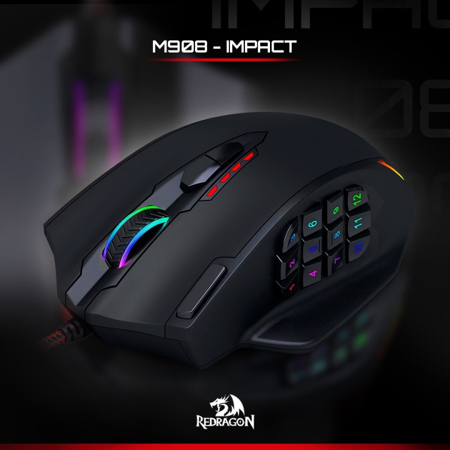 Mouse Gaming Redragon Wired Usb 2.0 12400Dpi 1Khz Macro rgb 220ips with weight tunning set Impact m908 m-908