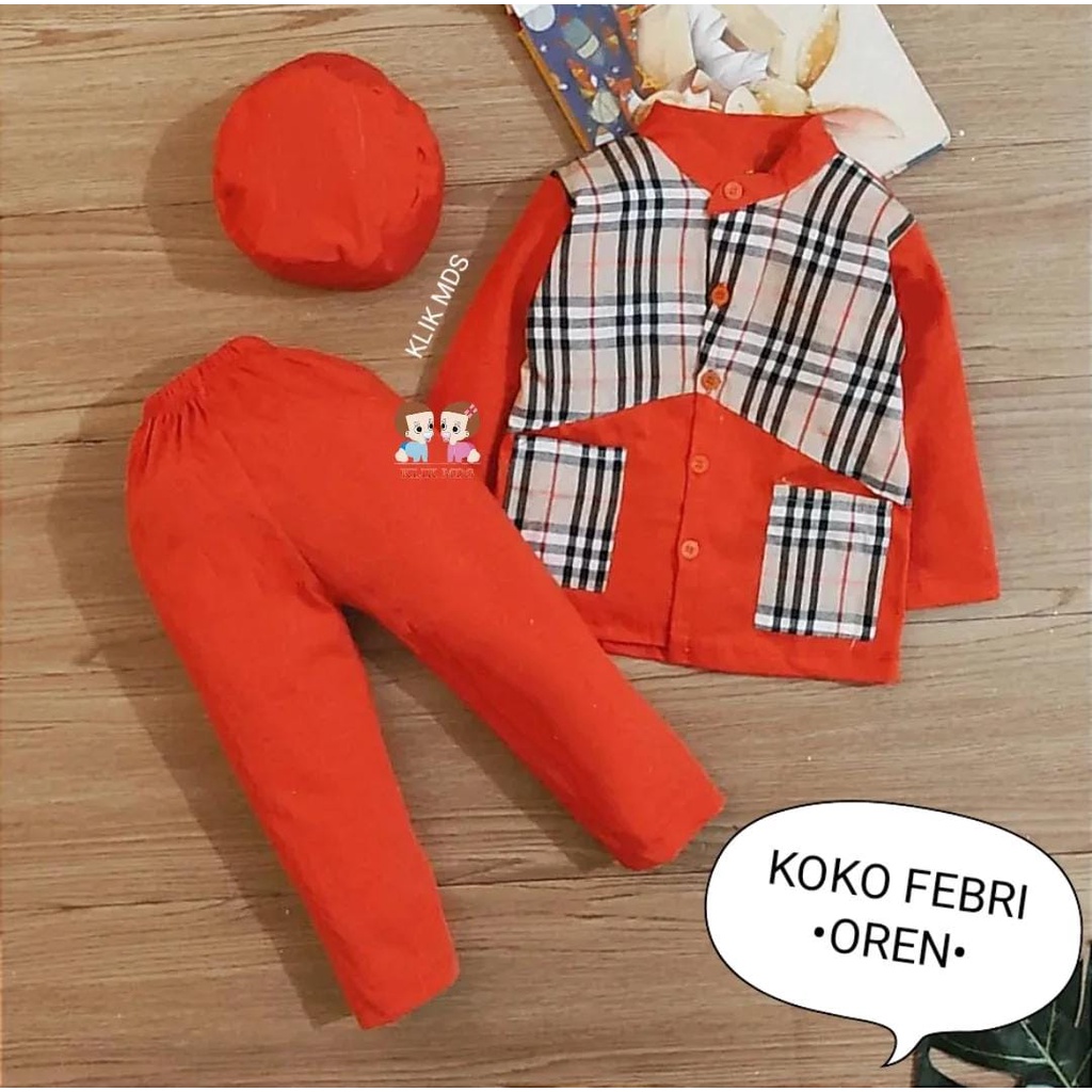 Baju Koko Anak Bayi Laki-Laki Usia 3 Bulan-2 Tahun Motif Koko Febri Free Peci