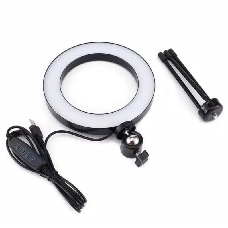 Paket Ring Light LED 16cm + Tripod Besi - Lampu Makeup / Vlog / Selfie