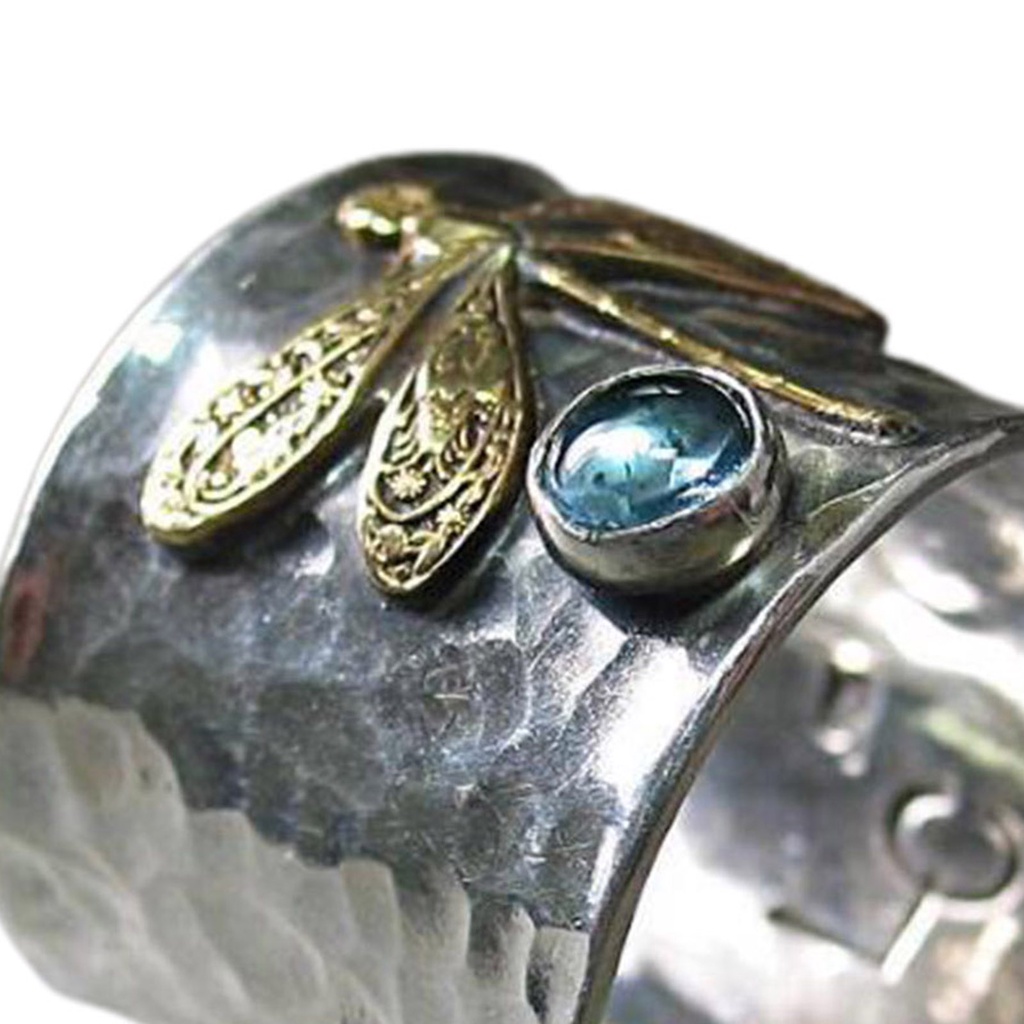 Hu Hu Hu Hu Hu Alat Bantu Pasang Kacamata♡ Cincin Wanita Desain Capung Hias Permata Biru Imitasi Gaya Vintage Electroplating Untuk Pernikahan