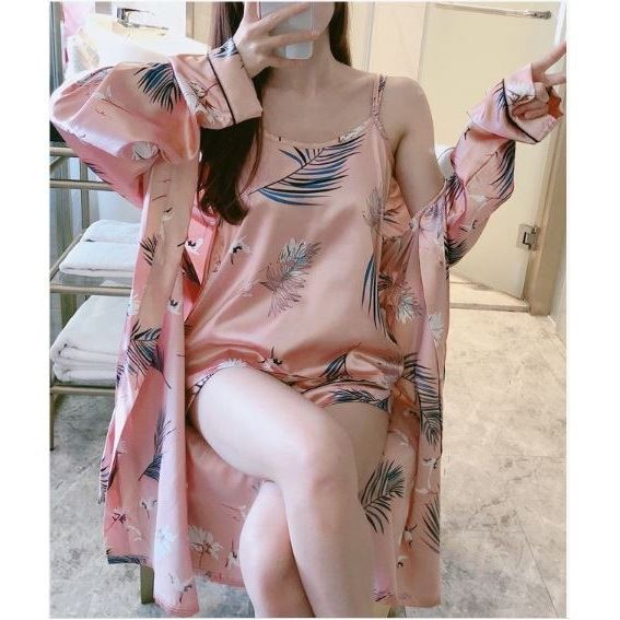 PJ4612 Baju Tidur Kimono 3in1 Satin Lembut Wanita Import