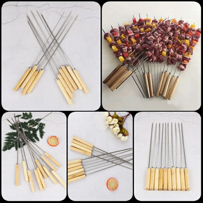 50 Pcs Tusuk Sate Stainless Steel BBQ Skewer 30cm Anti Karat Gagang Kayu