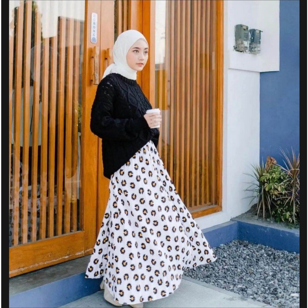 ROK PLISKET DAILY FLOWERS PREMIUM // ROK PLISKET PREMIUM MOTIF BUNGA // BAHAN HYGET PREMIUM-putih daisy