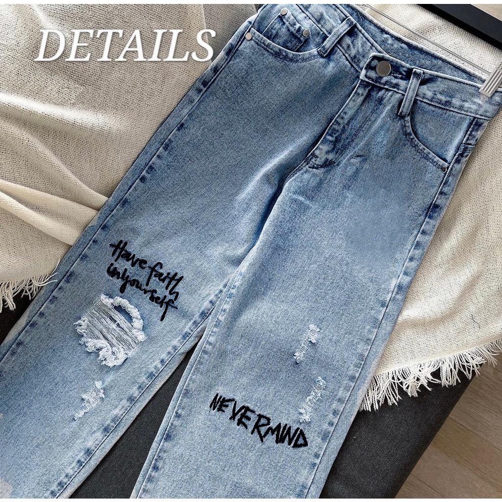 TRIVELA - Celana Jeans Highwaist Loose Sobek Lutut Bordir Nevermind / HW Loose Boyfriend BORDIR