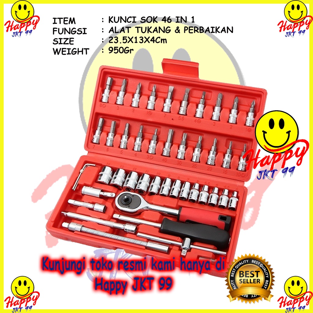 [ HAPPY JKT 99 ] KUNCI SOK 46 PCS SET SOCKET 1/4&quot; FULL LENGKAP SOCKET TOOL PAS RING L MOTOR MOBIL WRENCH