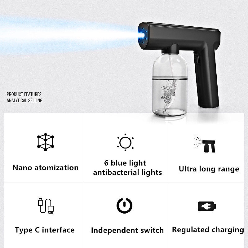 Nano Spray Gun Disinfectant Disinfektan Spray Gun Disinfectant Wireless Fogging Machine Nirkabel Fogging Machine Blue Light 300ML