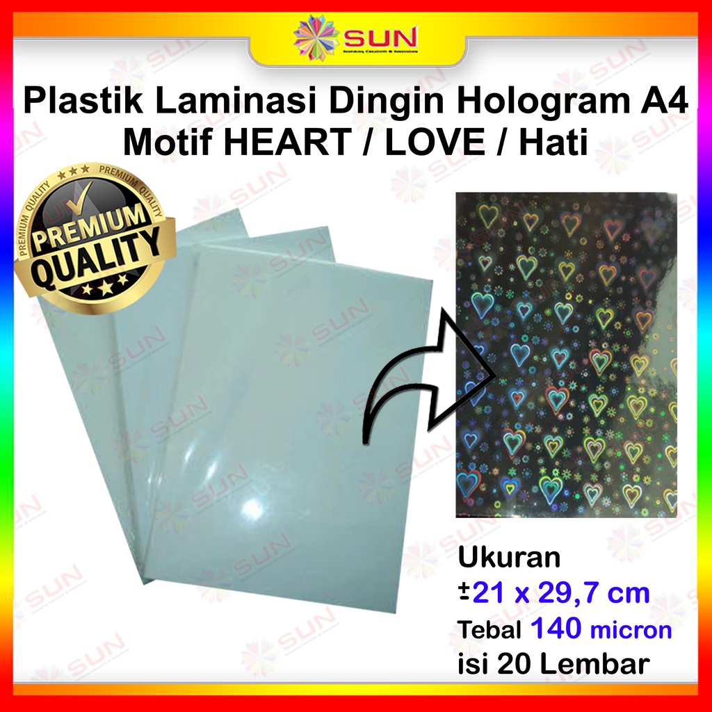 

Plastik Laminasi Dingin A4 Hologram - Love / Heart / Hati, Snow / Salju, Butterfly , Rainbow Colorful , Star / Bintang , Mozaik Glass , Bat , Grid , Small Bubble ( Pelindung Kertas Foto Polaroid Photocard Undangan )