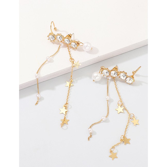 LRC Anting Tusuk Fashion Gold Pentagram Artificial pearl With Zircon Fringe Stud Earrings D34643