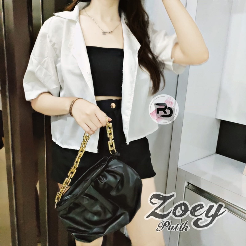 RD FASHION - ZOEY KEMEJA CROP LENGAN PENDEK / Satin Crop Shirt/ Kemeja Crop Basic/ Kemeja Crop Wanita / YOEWOL