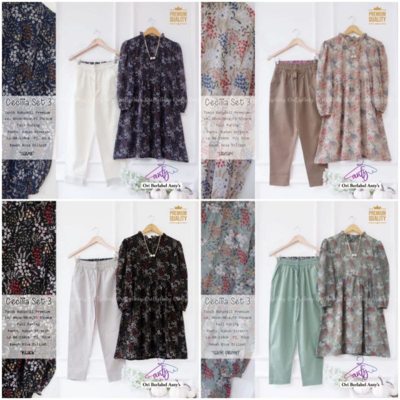 Cecilia Set 3 Tunik Babydoll Pant Katun Ori Anty