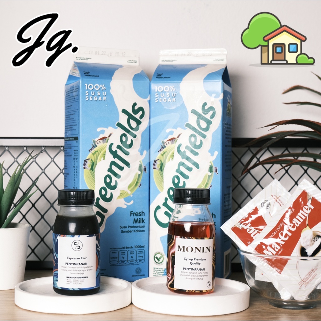 

PAKET ES KOPI SUSU RUMAHAN MONIN SYRUP MAX CREAMER GREENFIELDS FRESH MILK KOPI ESPRESSO