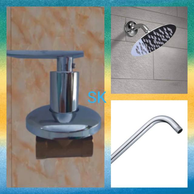 Paket Set Wall Shower Bulat Stainles 8 inch + Kran Shower Kuningan Kamar Mandi  - Stop Kran Tanam