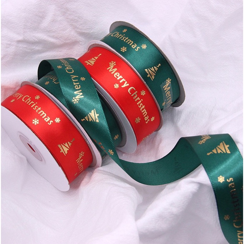 

per yard (90cm) Pita kado natal christmas ribbon wrap gifts merry christmas hijau merah satin 2,5 cm lebar