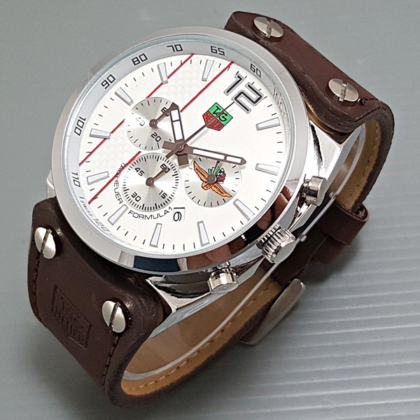 Jam Tangan Pria / Cowok Tag Heuer Chrono Aktif Leather Brown White