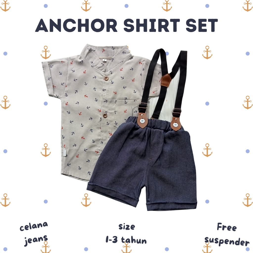 setelan kemeja anak celana chino lengan pendek ANCHOR CHECKER shirt suspender set 1-3 tahun anak laki laki baby balita cowok baju pergi adem