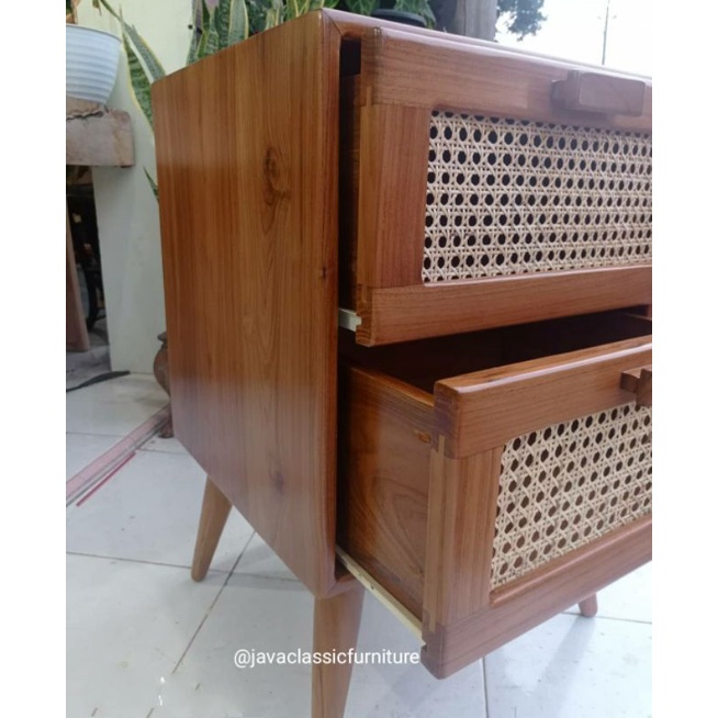 NAKAS RETRO ROTAN MINIMALIS PUK VINTAGE LACI 2 BAHAN KAYU JATI UKURAN 40x50x60cm-3