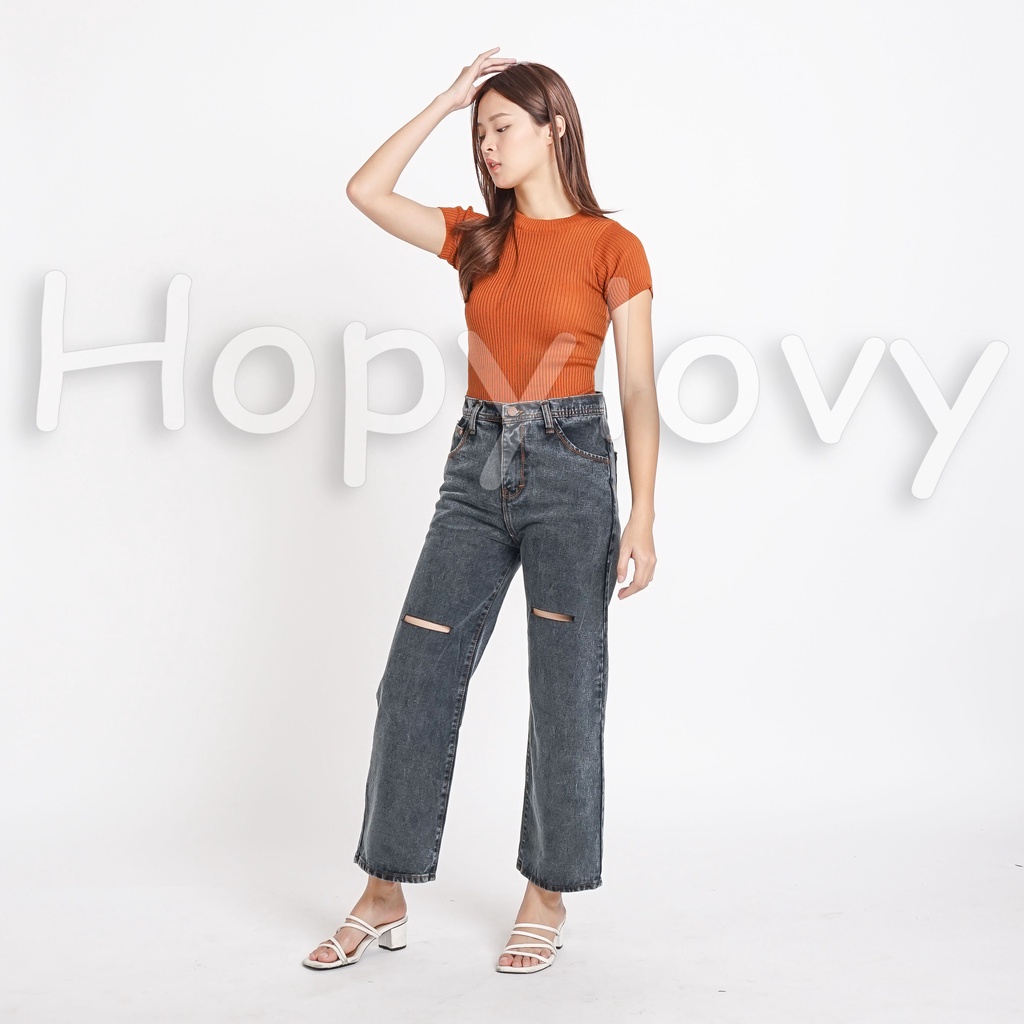 HOPYLOVY Celana Panjang Jeans Kulot Sobek Lutut Wanita Highwaist Jeans Ginela