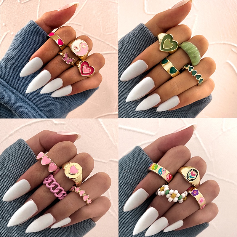 Retro Cincin Set Kupu-kupu Perak Fashion Berbentuk Hati Ular Wanita Perhiasan Aksesoris